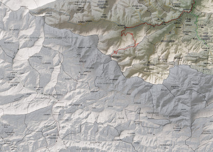 Mapa de relieve del Vallespir, con el territorio en color y el entorno en blanco. Detalle de la zona inferior izquierda. 50 × 70 cm. Estilo Cartográfico.