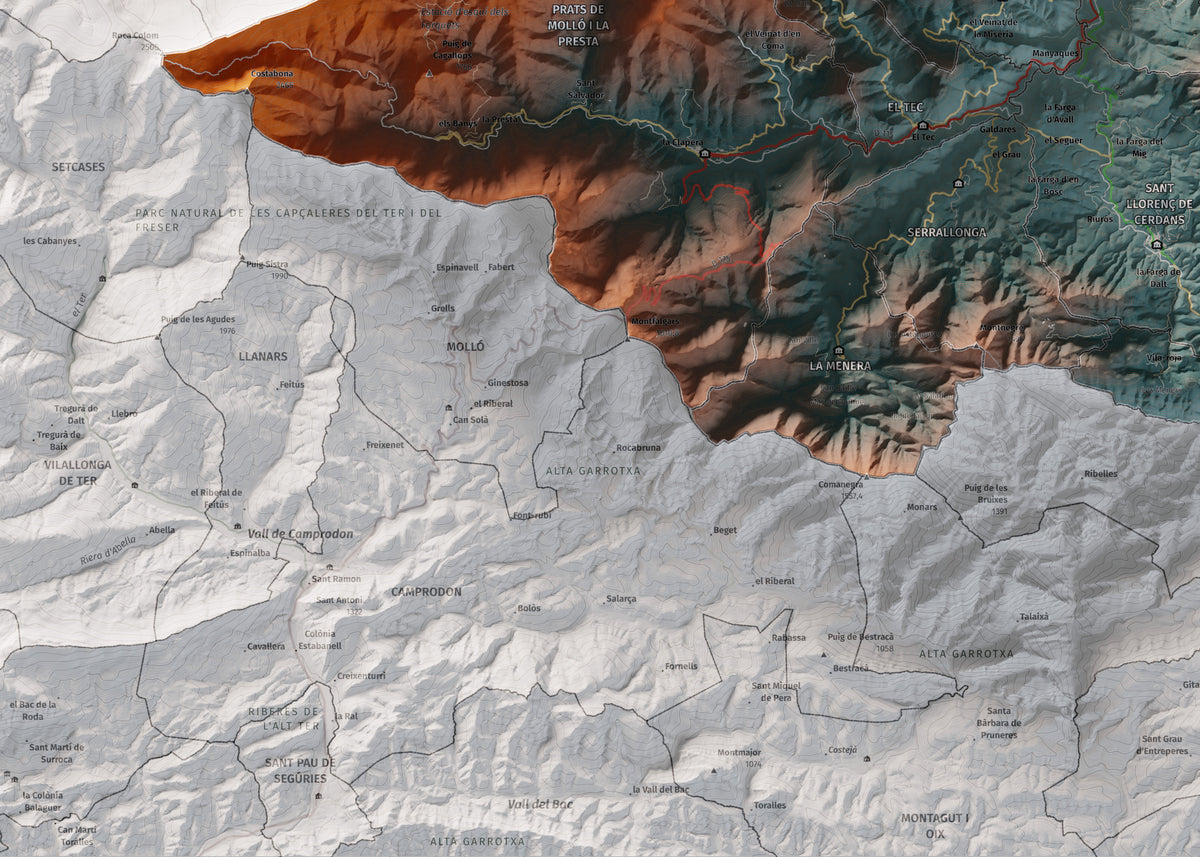 Mapa de relieve del Vallespir, con el territorio en color y el entorno en blanco. Detalle de la zona inferior izquierda. 50 × 70 cm. Estilo Azul y naranja.