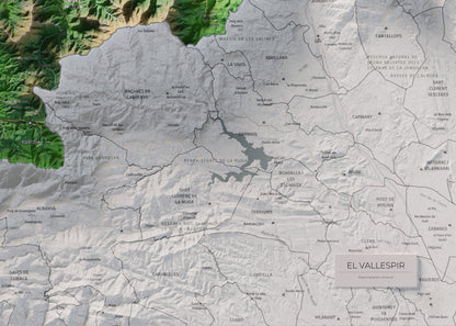 Mapa de relieve del Vallespir, con el territorio en color y el entorno en blanco. Detalle de la zona inferior derecha. 50 × 70 cm. Estilo Clásico.