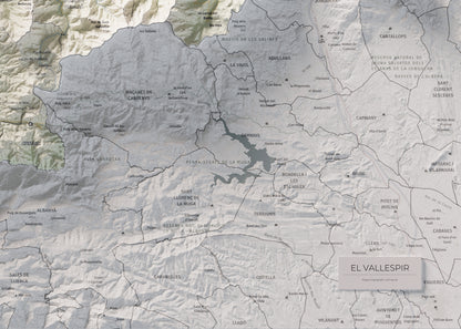 Mapa de relieve del Vallespir, con el territorio en color y el entorno en blanco. Detalle de la zona inferior derecha. 50 × 70 cm. Estilo Cartográfico.