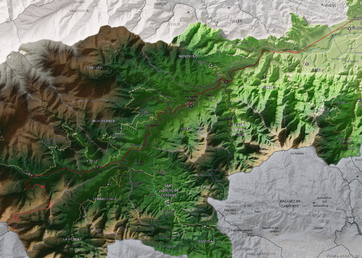 Mapa de relieve del Vallespir, con el territorio en color y el entorno en blanco. Detalle de la zona central. 50 × 70 cm. Estilo Clásico.
