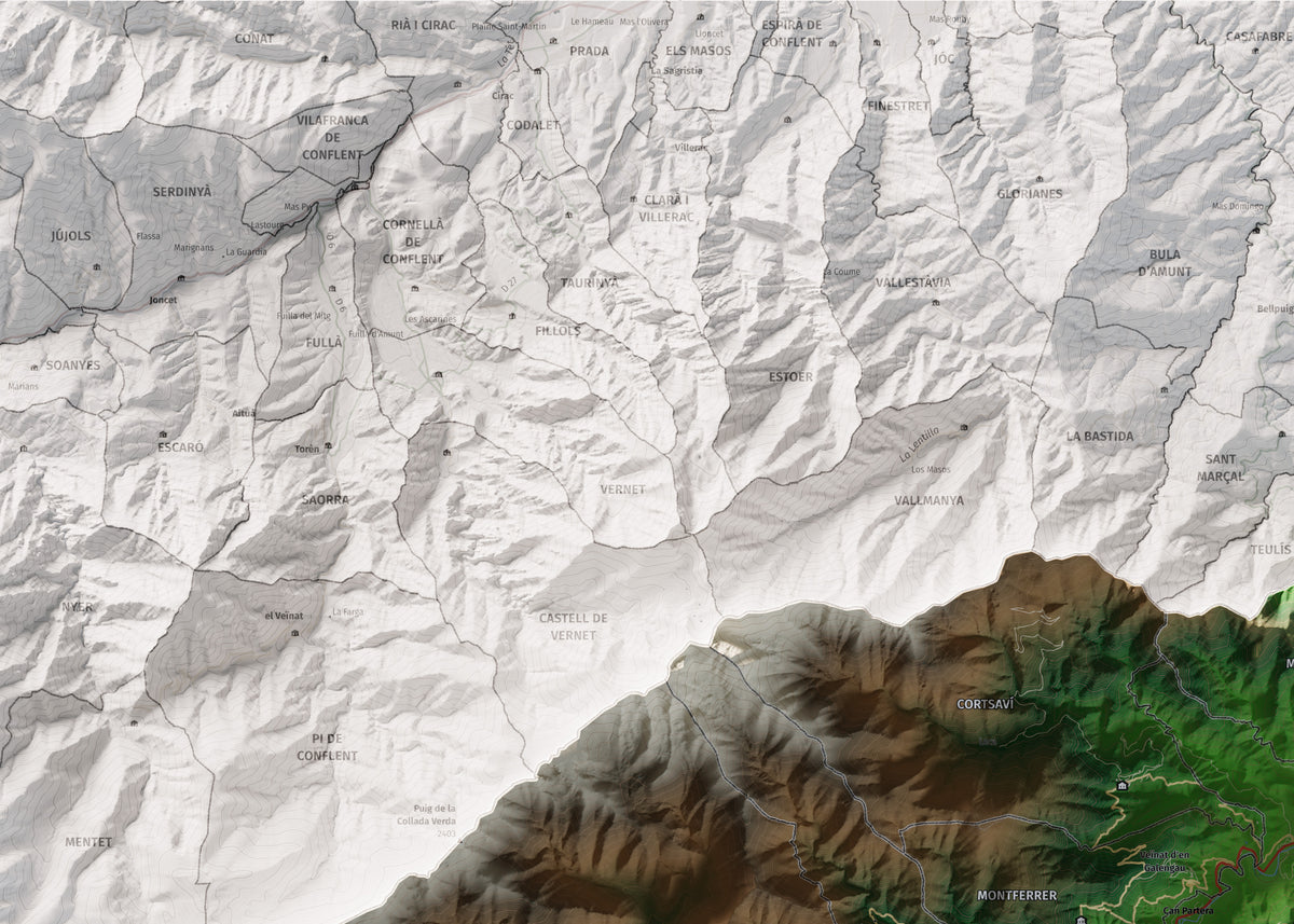 Mapa de relieve del Vallespir, con el territorio en color y el entorno en blanco. Detalle de la zona superior izquierda. 50 × 70 cm. Estilo Clásico.