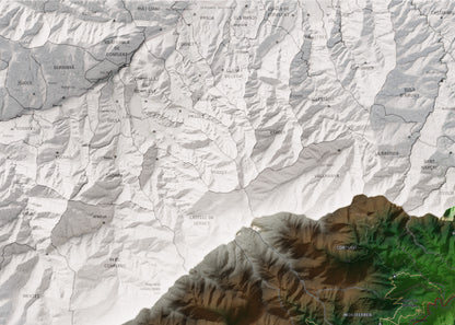 Mapa de relieve del Vallespir, con el territorio en color y el entorno en blanco. Detalle de la zona superior izquierda. 50 × 70 cm. Estilo Clásico.