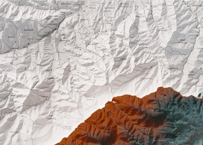 Mapa de relieve del Vallespir, con el territorio en color y el entorno en blanco. Detalle de la zona superior izquierda. 50 × 70 cm. Estilo Azul y naranja.