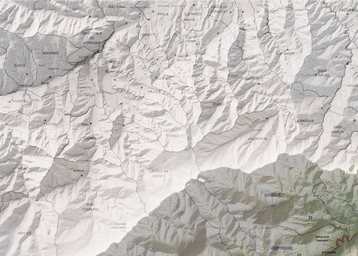 Mapa de relieve del Vallespir, con el territorio en color y el entorno en blanco. Detalle de la zona superior izquierda. 50 × 70 cm. Estilo Cartográfico.