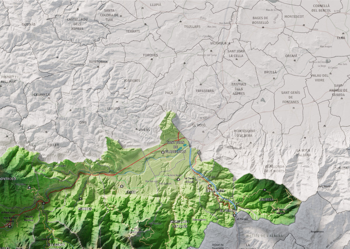 Mapa de relieve del Vallespir, con el territorio en color y el entorno en blanco. Detalle de la zona superior derecha. 50 × 70 cm. Estilo Clásico.