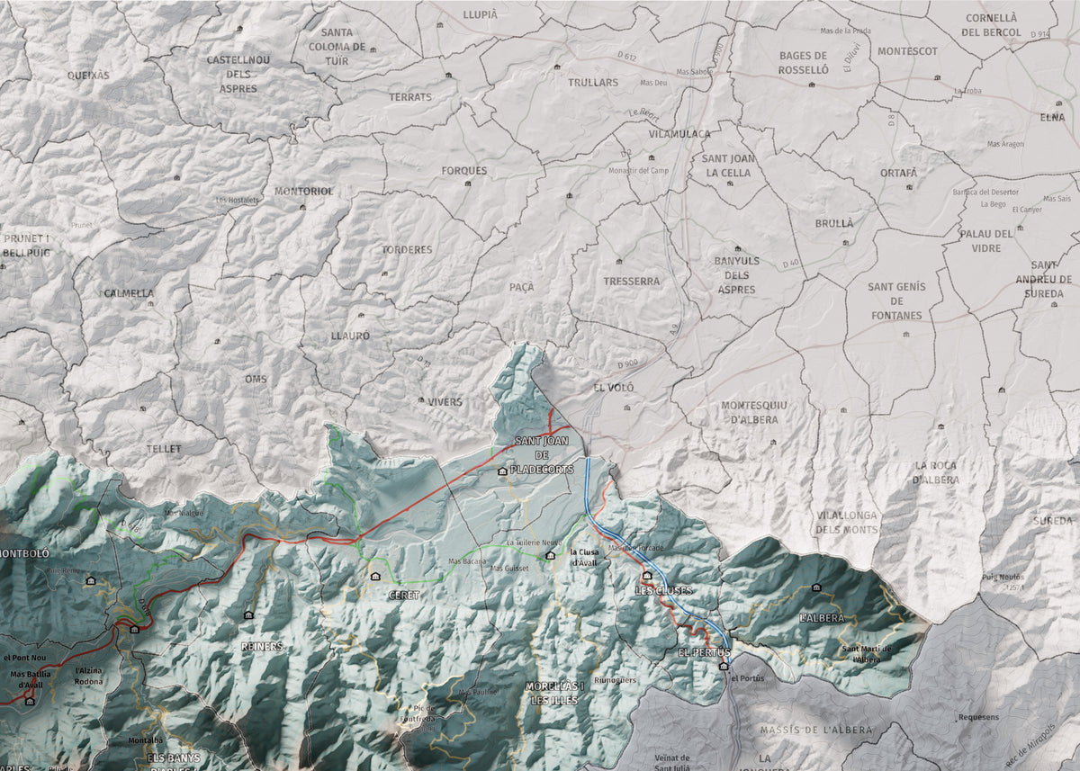 Mapa de relieve del Vallespir, con el territorio en color y el entorno en blanco. Detalle de la zona superior derecha. 50 × 70 cm. Estilo Azul y naranja.