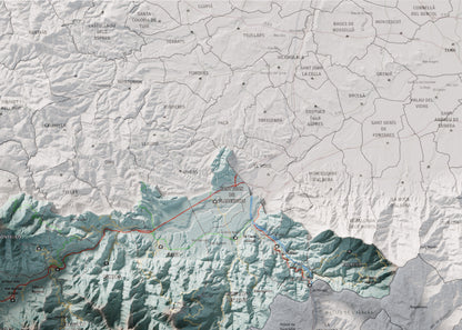Mapa de relieve del Vallespir, con el territorio en color y el entorno en blanco. Detalle de la zona superior derecha. 50 × 70 cm. Estilo Azul y naranja.