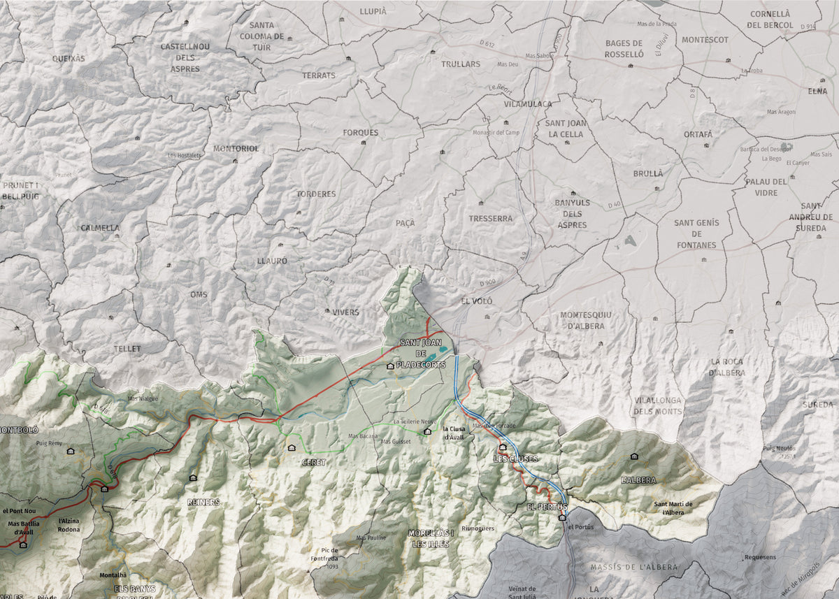 Mapa de relieve del Vallespir, con el territorio en color y el entorno en blanco. Detalle de la zona superior derecha. 50 × 70 cm. Estilo Cartográfico.