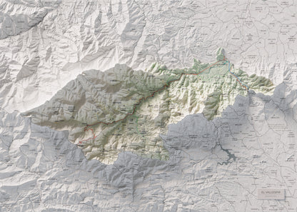 Mapa de relieve del Vallespir, con el territorio en color y el entorno en blanco. Vista completa de la lámina. 50 × 70 cm. Estilo Cartográfico.