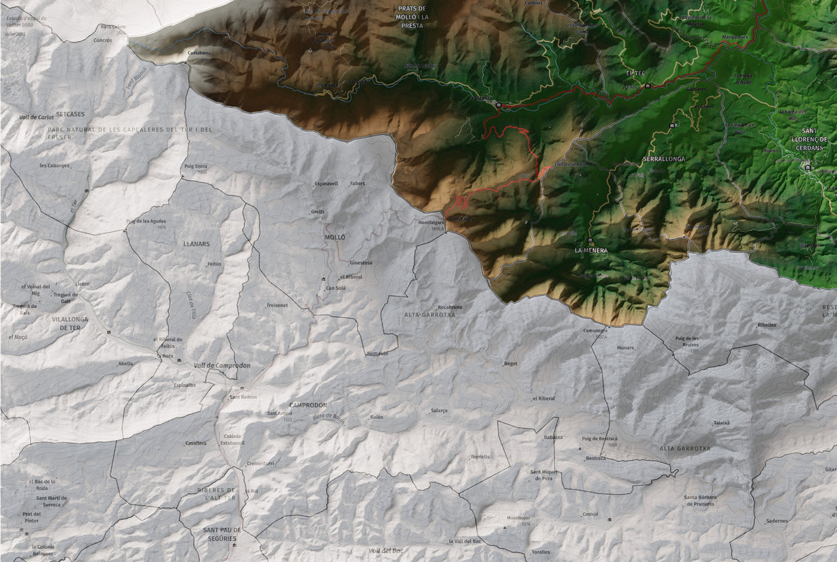 Mapa de relieve del Vallespir, con el territorio en color y el entorno en blanco. Detalle de la zona inferior izquierda. 61 × 91 cm. Estilo Clásico.