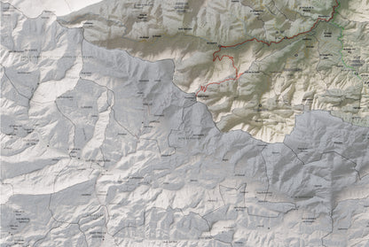 Mapa de relieve del Vallespir, con el territorio en color y el entorno en blanco. Detalle de la zona inferior izquierda. 61 × 91 cm. Estilo Cartográfico.