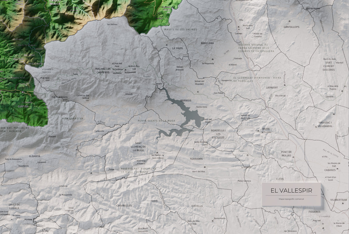Mapa de relieve del Vallespir, con el territorio en color y el entorno en blanco. Detalle de la zona inferior derecha. 61 × 91 cm. Estilo Clásico.