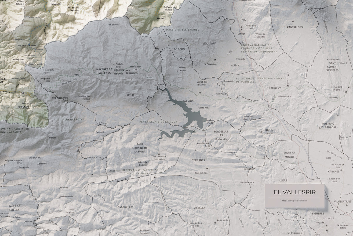 Mapa de relieve del Vallespir, con el territorio en color y el entorno en blanco. Detalle de la zona inferior derecha. 61 × 91 cm. Estilo Cartográfico.
