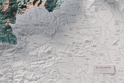 Mapa de relieve del Vallespir, con el territorio en color y el entorno en blanco. Detalle de la zona inferior derecha. 61 × 91 cm. Estilo Azul y naranja.