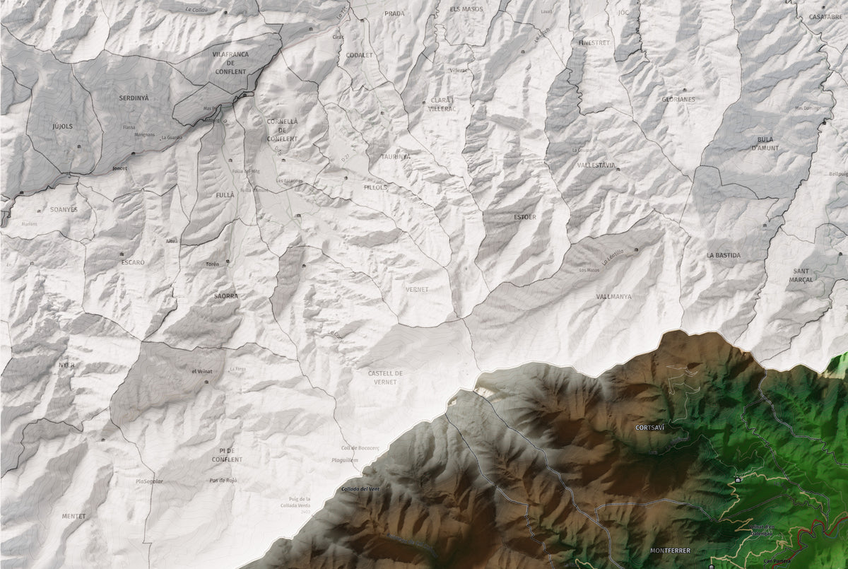 Mapa de relieve del Vallespir, con el territorio en color y el entorno en blanco. Detalle de la zona superior izquierda. 61 × 91 cm. Estilo Clásico.