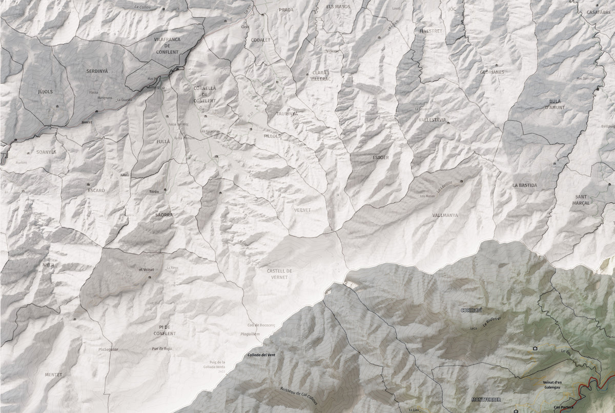 Mapa de relieve del Vallespir, con el territorio en color y el entorno en blanco. Detalle de la zona superior izquierda. 61 × 91 cm. Estilo Cartográfico.