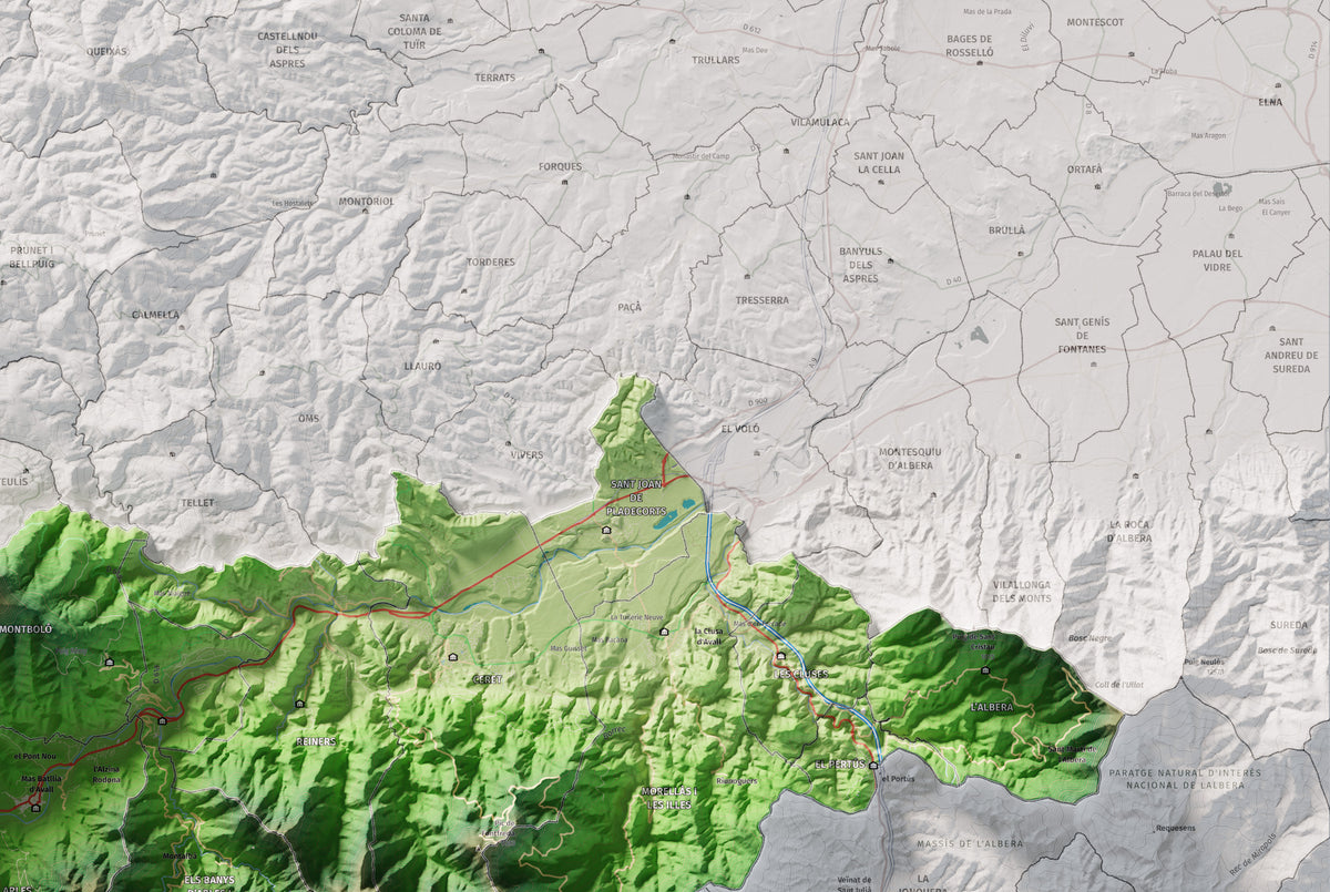 Mapa de relieve del Vallespir, con el territorio en color y el entorno en blanco. Detalle de la zona superior derecha. 61 × 91 cm. Estilo Clásico.