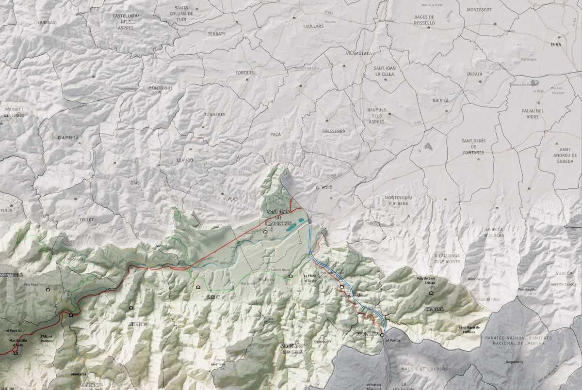 Mapa de relieve del Vallespir, con el territorio en color y el entorno en blanco. Detalle de la zona superior derecha. 61 × 91 cm. Estilo Cartográfico.