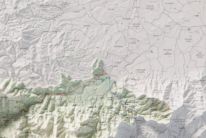 Mapa de relieve del Vallespir, con el territorio en color y el entorno en blanco. Detalle de la zona superior derecha. 61 × 91 cm. Estilo Cartográfico.
