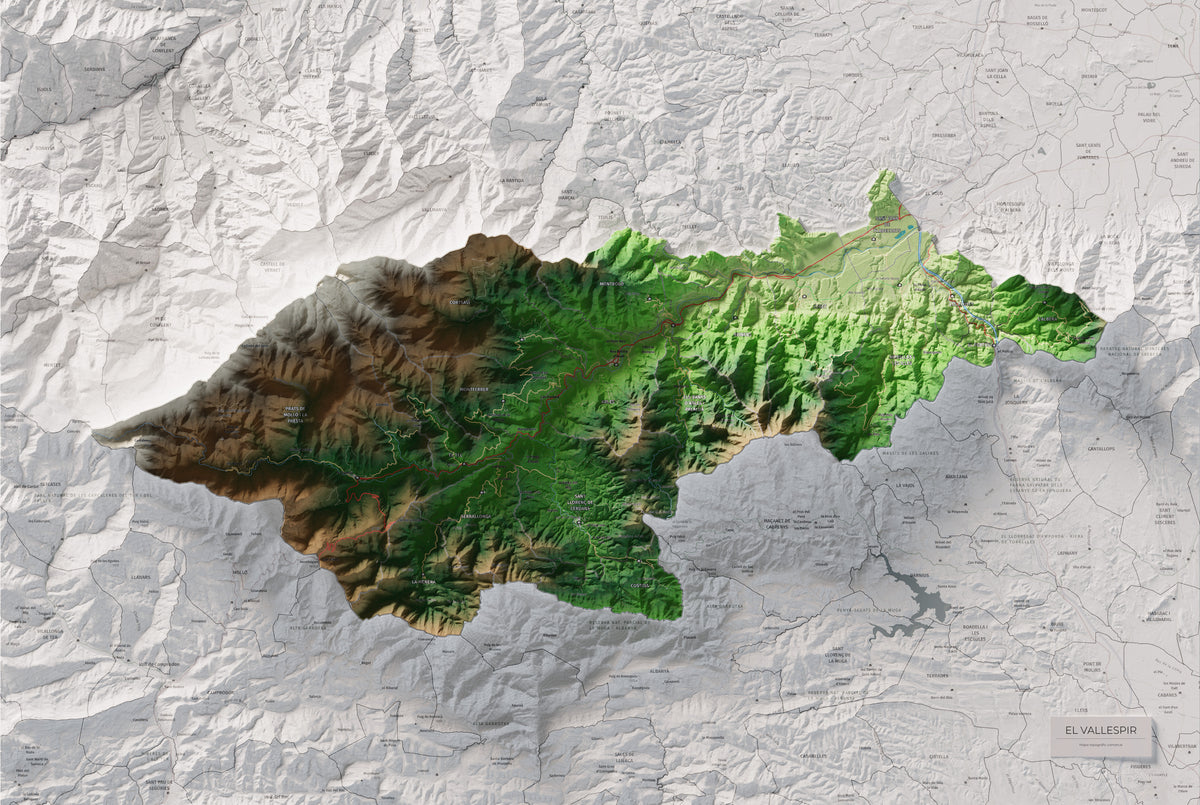 Mapa de relieve del Vallespir, con el territorio en color y el entorno en blanco. Vista completa de la lámina. 61 × 91 cm. Estilo Clásico.