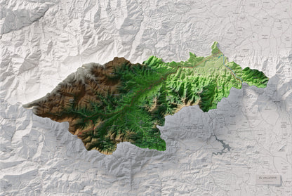 Mapa de relieve del Vallespir, con el territorio en color y el entorno en blanco. Vista completa de la lámina. 61 × 91 cm. Estilo Clásico.