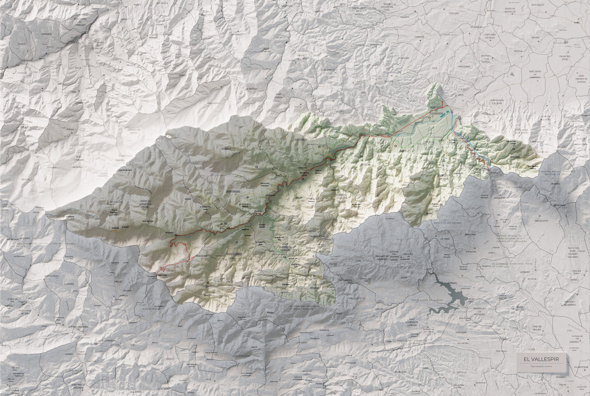 Mapa de relieve del Vallespir, con el territorio en color y el entorno en blanco. Vista completa de la lámina. 61 × 91 cm. Estilo Cartográfico.