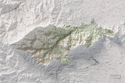 Mapa de relieve del Vallespir, con el territorio en color y el entorno en blanco. Vista completa de la lámina. 61 × 91 cm. Estilo Cartográfico.
