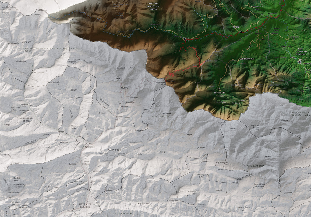 Mapa de relieve del Vallespir, con el territorio en color y el entorno en blanco. Detalle de la zona inferior izquierda. 70 × 100 cm. Estilo Clásico.