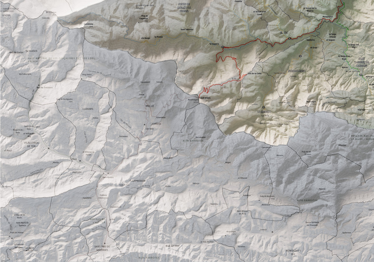 Mapa de relieve del Vallespir, con el territorio en color y el entorno en blanco. Detalle de la zona inferior izquierda. 70 × 100 cm. Estilo Cartográfico.