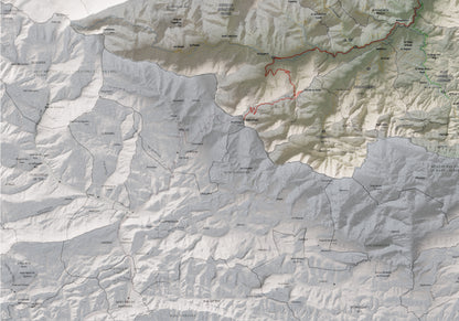 Mapa de relieve del Vallespir, con el territorio en color y el entorno en blanco. Detalle de la zona inferior izquierda. 70 × 100 cm. Estilo Cartográfico.