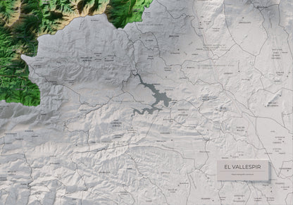 Mapa de relieve del Vallespir, con el territorio en color y el entorno en blanco. Detalle de la zona inferior derecha. 70 × 100 cm. Estilo Clásico.