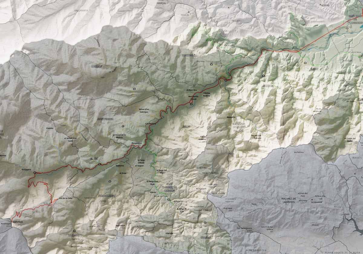 Mapa de relieve del Vallespir, con el territorio en color y el entorno en blanco. Detalle de la zona central. 70 × 100 cm. Estilo Cartográfico.