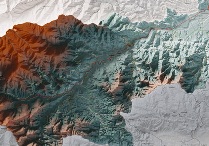 Mapa de relieve del Vallespir, con el territorio en color y el entorno en blanco. Detalle de la zona central. 70 × 100 cm. Estilo Azul y naranja.