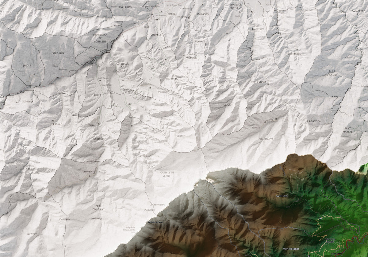 Mapa de relieve del Vallespir, con el territorio en color y el entorno en blanco. Detalle de la zona superior izquierda. 70 × 100 cm. Estilo Clásico.