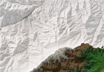 Mapa de relieve del Vallespir, con el territorio en color y el entorno en blanco. Detalle de la zona superior izquierda. 70 × 100 cm. Estilo Clásico.