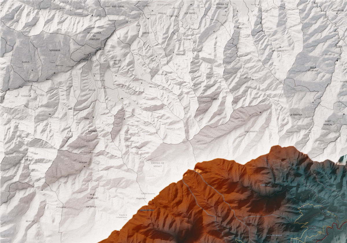 Mapa de relieve del Vallespir, con el territorio en color y el entorno en blanco. Detalle de la zona superior izquierda. 70 × 100 cm. Estilo Azul y naranja.