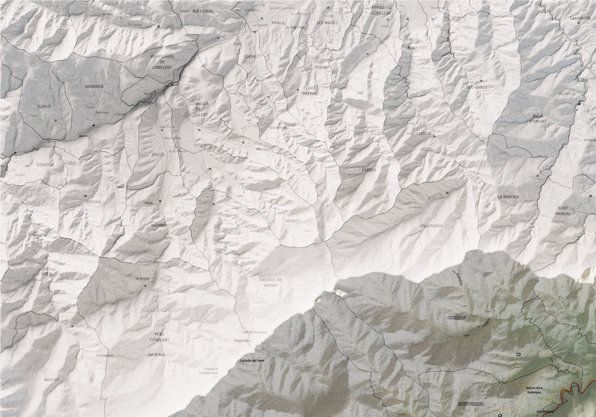 Mapa de relieve del Vallespir, con el territorio en color y el entorno en blanco. Detalle de la zona superior izquierda. 70 × 100 cm. Estilo Cartográfico.