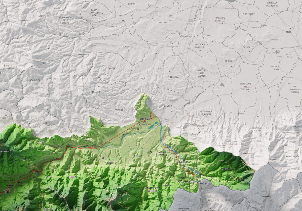 Mapa de relieve del Vallespir, con el territorio en color y el entorno en blanco. Detalle de la zona superior derecha. 70 × 100 cm. Estilo Clásico.