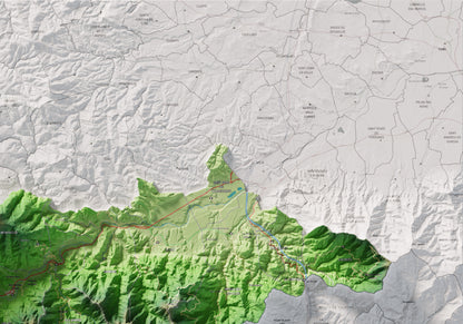 Mapa de relieve del Vallespir, con el territorio en color y el entorno en blanco. Detalle de la zona superior derecha. 70 × 100 cm. Estilo Clásico.