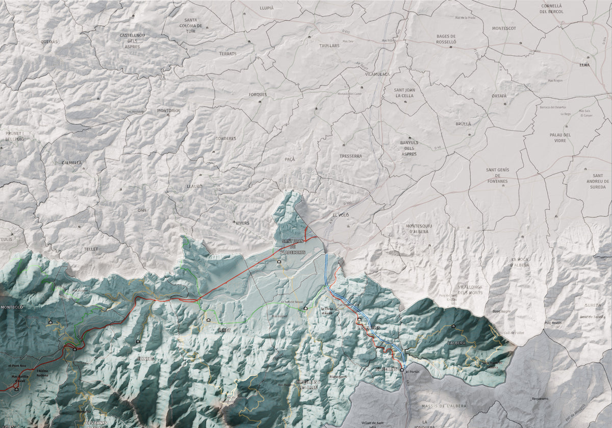 Mapa de relieve del Vallespir, con el territorio en color y el entorno en blanco. Detalle de la zona superior derecha. 70 × 100 cm. Estilo Azul y naranja.