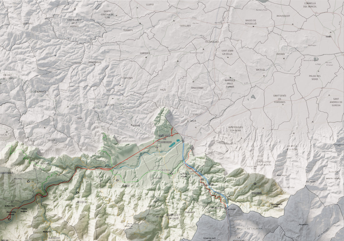 Mapa de relieve del Vallespir, con el territorio en color y el entorno en blanco. Detalle de la zona superior derecha. 70 × 100 cm. Estilo Cartográfico.