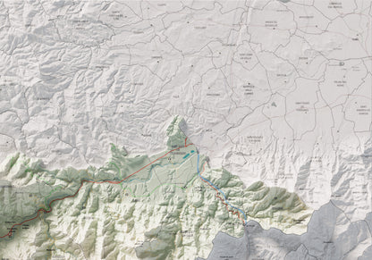 Mapa de relieve del Vallespir, con el territorio en color y el entorno en blanco. Detalle de la zona superior derecha. 70 × 100 cm. Estilo Cartográfico.