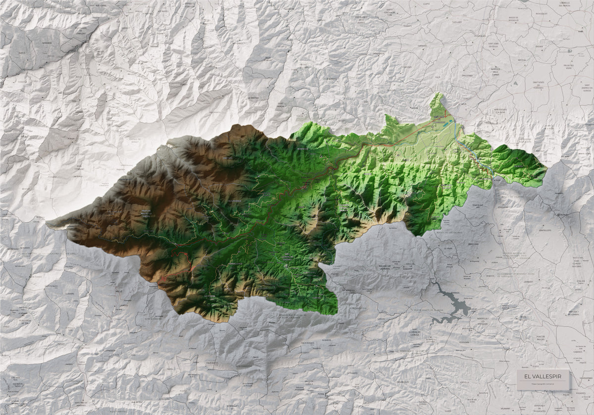 Mapa de relieve del Vallespir, con el territorio en color y el entorno en blanco. Vista completa de la lámina. 70 × 100 cm. Estilo Clásico.