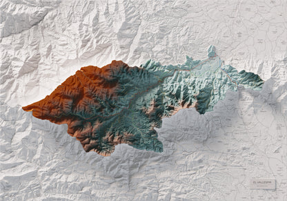 Mapa de relieve del Vallespir, con el territorio en color y el entorno en blanco. Vista completa de la lámina. 70 × 100 cm. Estilo Azul y naranja.