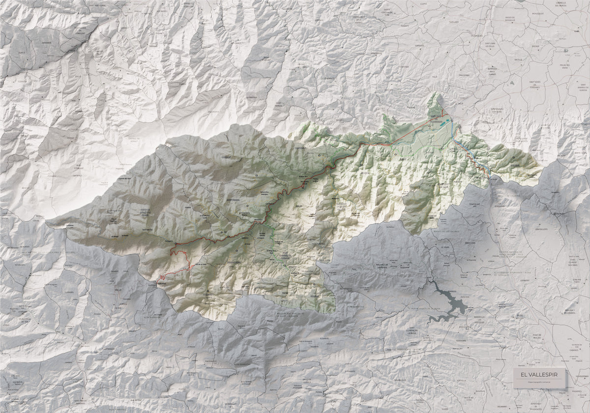 Mapa de relieve del Vallespir, con el territorio en color y el entorno en blanco. Vista completa de la lámina. 70 × 100 cm. Estilo Cartográfico.