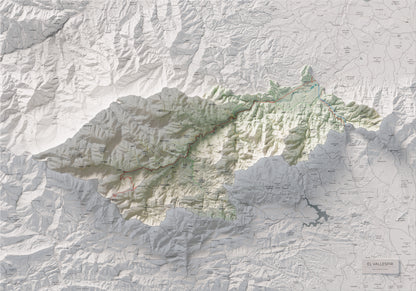 Mapa de relieve del Vallespir, con el territorio en color y el entorno en blanco. Vista completa de la lámina. 70 × 100 cm. Estilo Cartográfico.