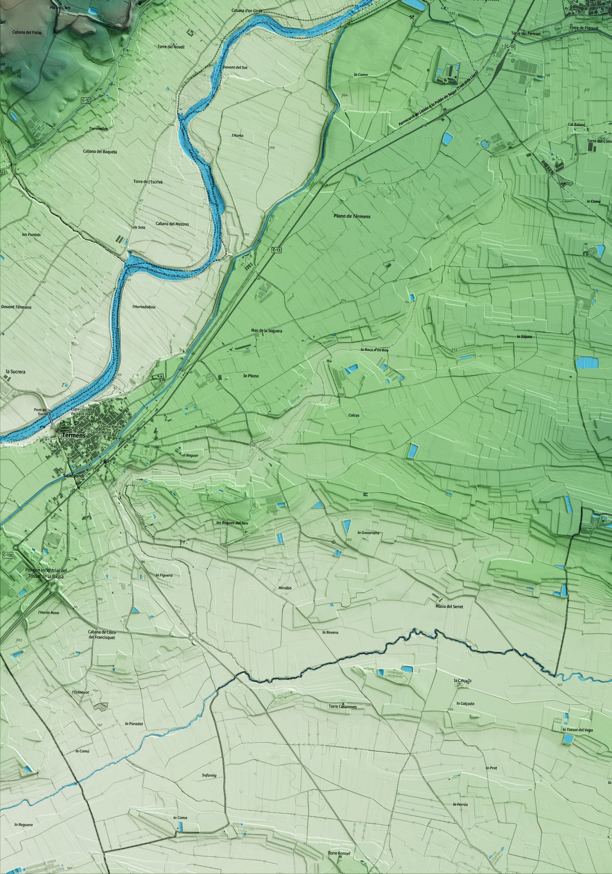 Mapa artístico del relieve de Vallfogona de Balaguer, a la Noguera, con 15 km de entorno y base topográfica ICGC. Detalle de la zona inferior izquierda.