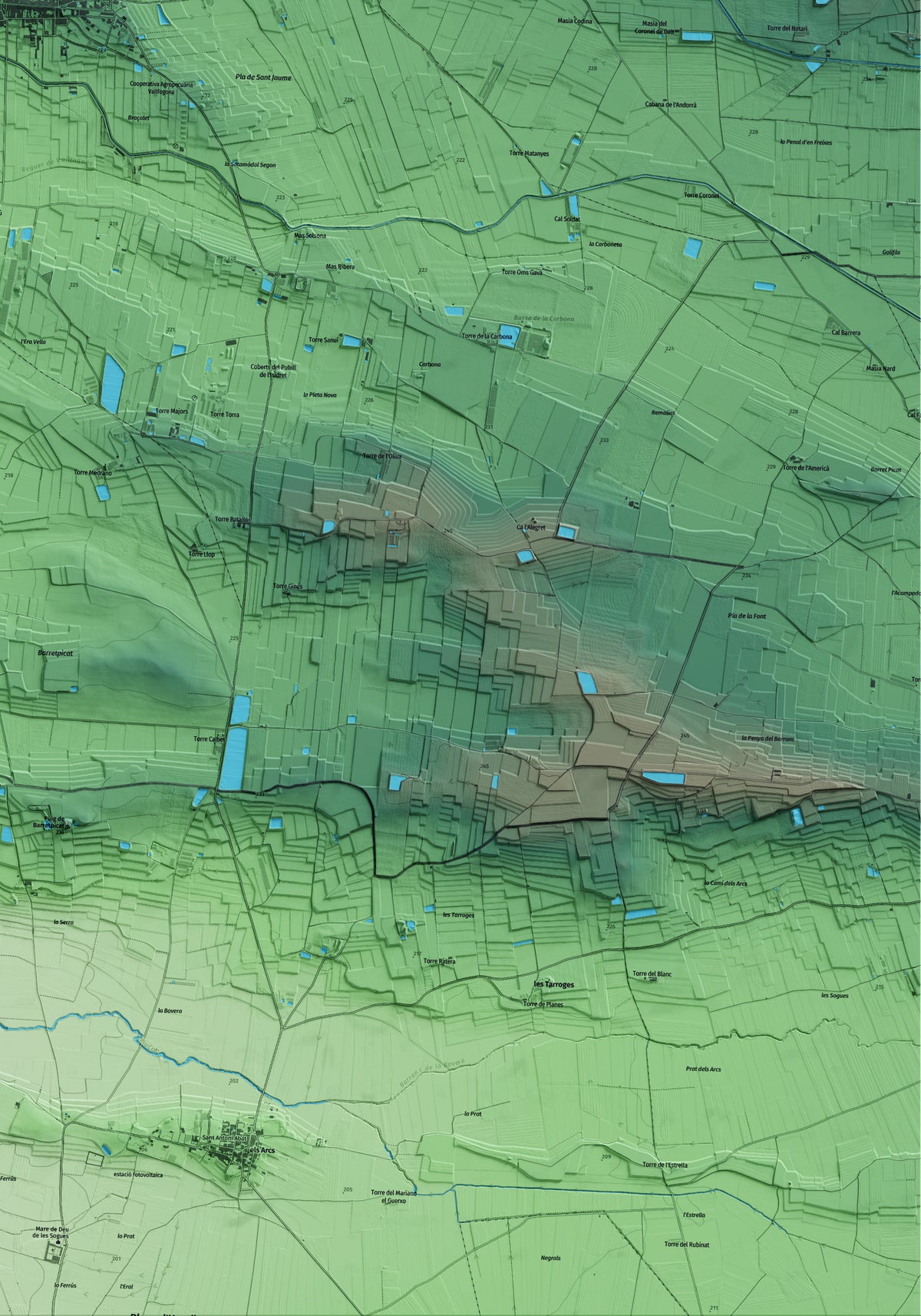 Mapa artístico del relieve de Vallfogona de Balaguer, a la Noguera, con 15 km de entorno y base topográfica ICGC. Detalle de la zona inferior derecha.