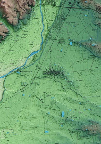 Mapa artístico del relieve de Vallfogona de Balaguer, a la Noguera, con 15 km de entorno y base topográfica ICGC. Detalle de la zona central.